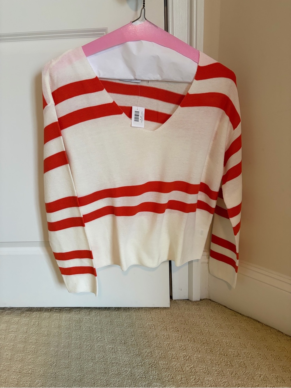 LNA Cream and Coral Striped V-Neck Sweater